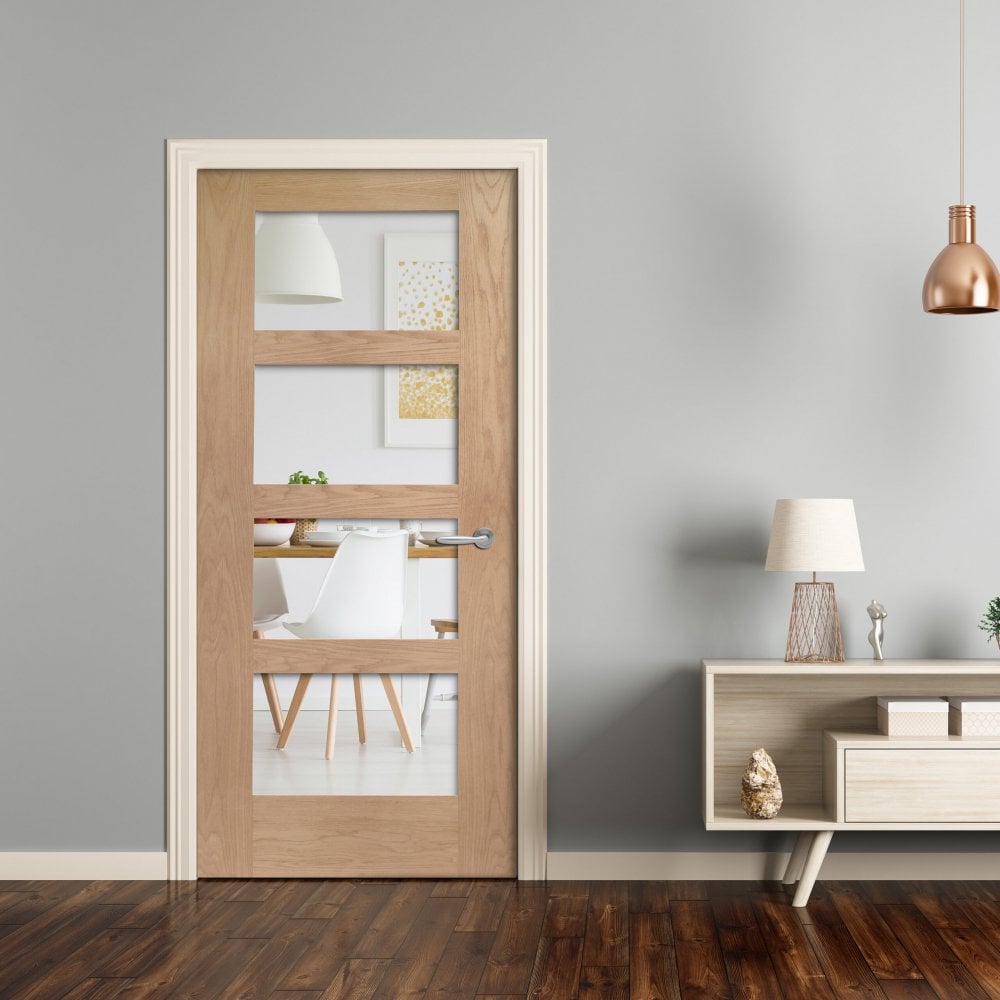 Doors2Floors D2F Shaker 4L Unfinished Internal Oak Door With Clear Glass D2FSHAKE4LCG