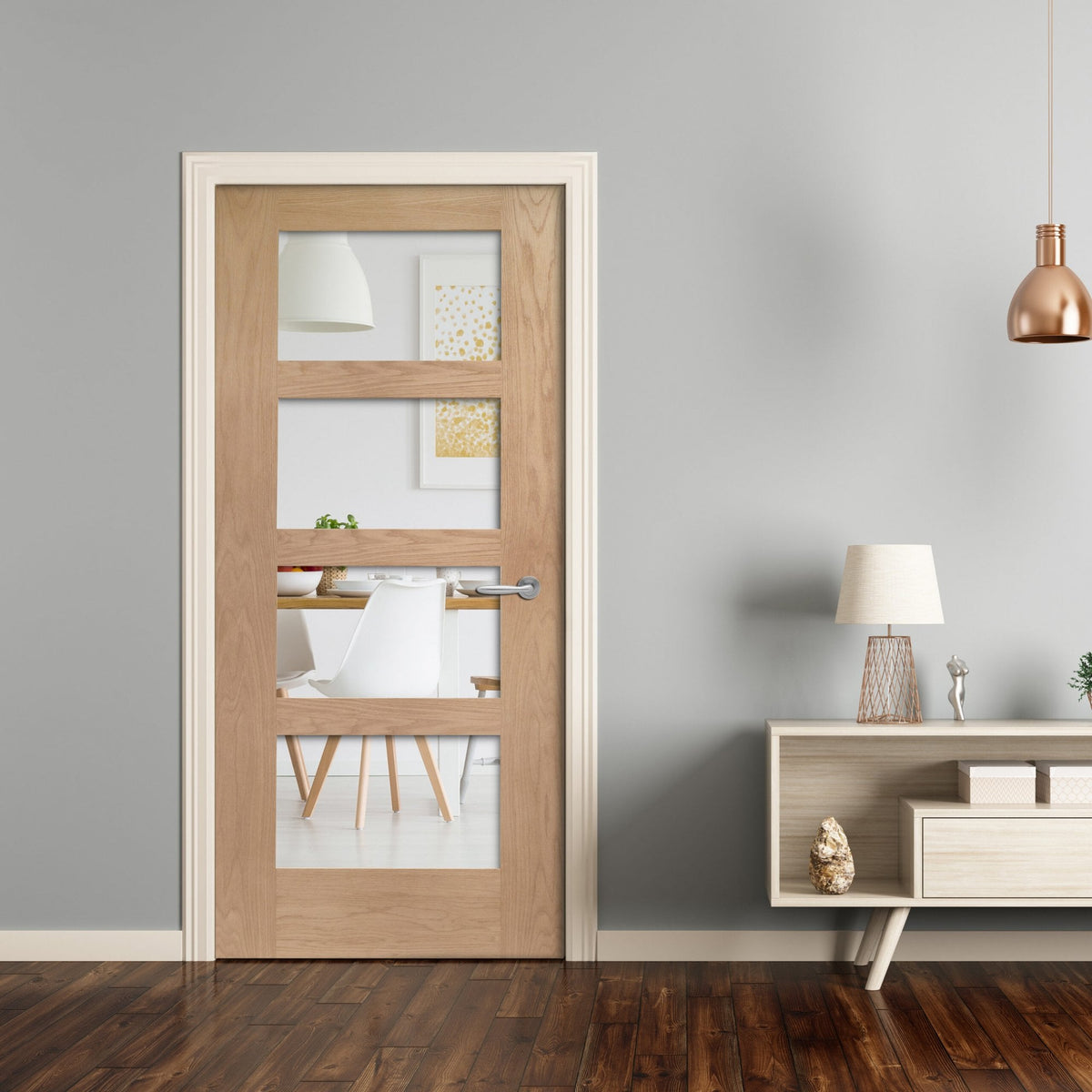 Doors2Floors D2F Shaker 4L Unfinished Internal Oak Door With Clear Glass D2FSHAKE4LCG