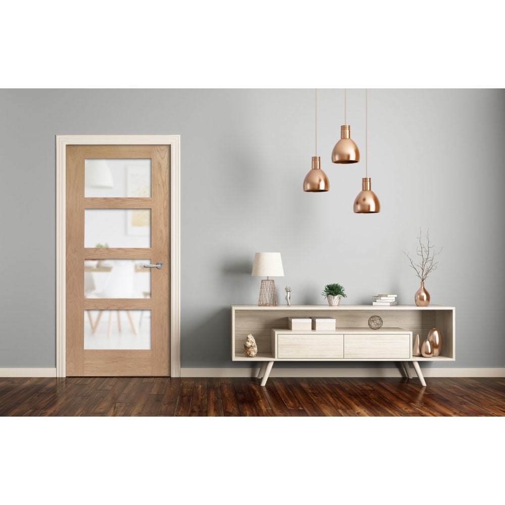 Doors2Floors D2F Shaker 4L Unfinished Internal Oak Door With Frosted Glass D2FSHAKE4LFG