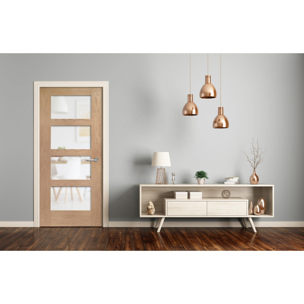 Doors2Floors D2F Shaker 4L Unfinished Internal Oak Door With Frosted Glass D2FSHAKE4LFG